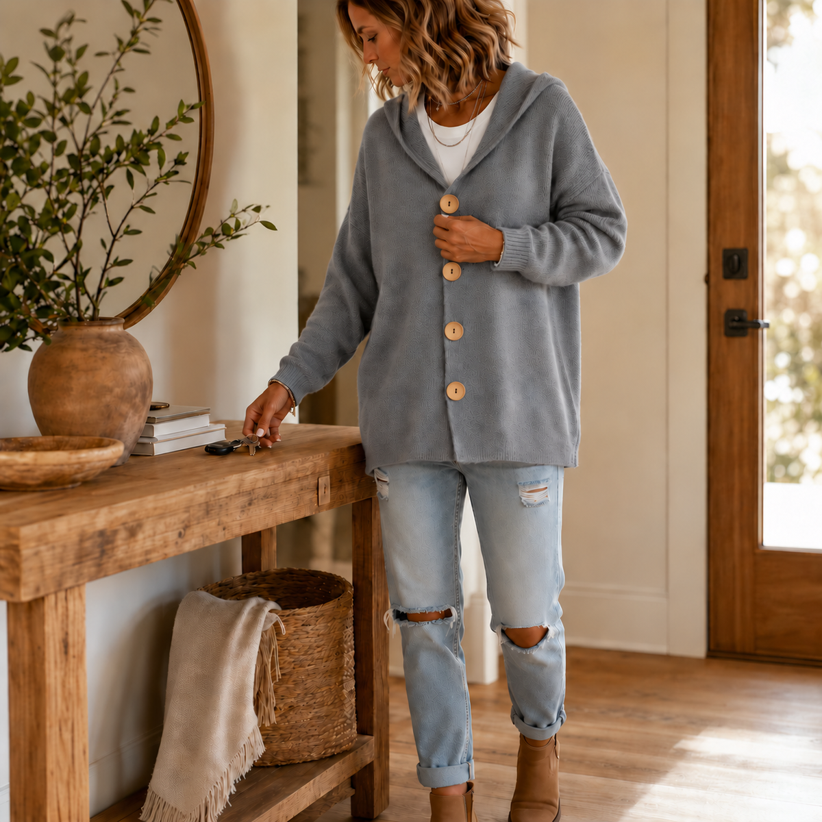 Full-length view of the gray hooded cardigan worn with rolled jeans and ankle boots.