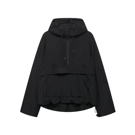 Black hooded half-zip anorak jacket with drawcords, wide long sleeves, overlapping front panel, and zippered sleeve pocket.