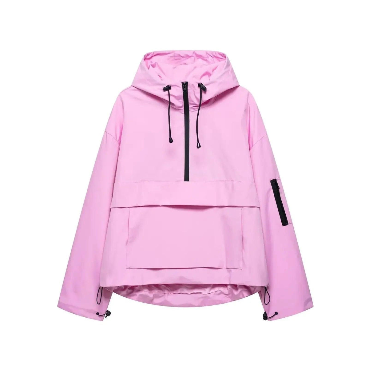 Pink hooded half-zip anorak jacket shown with its adjustable hood drawcords, large overlapping front panel, and black sleeve pocket zipper.