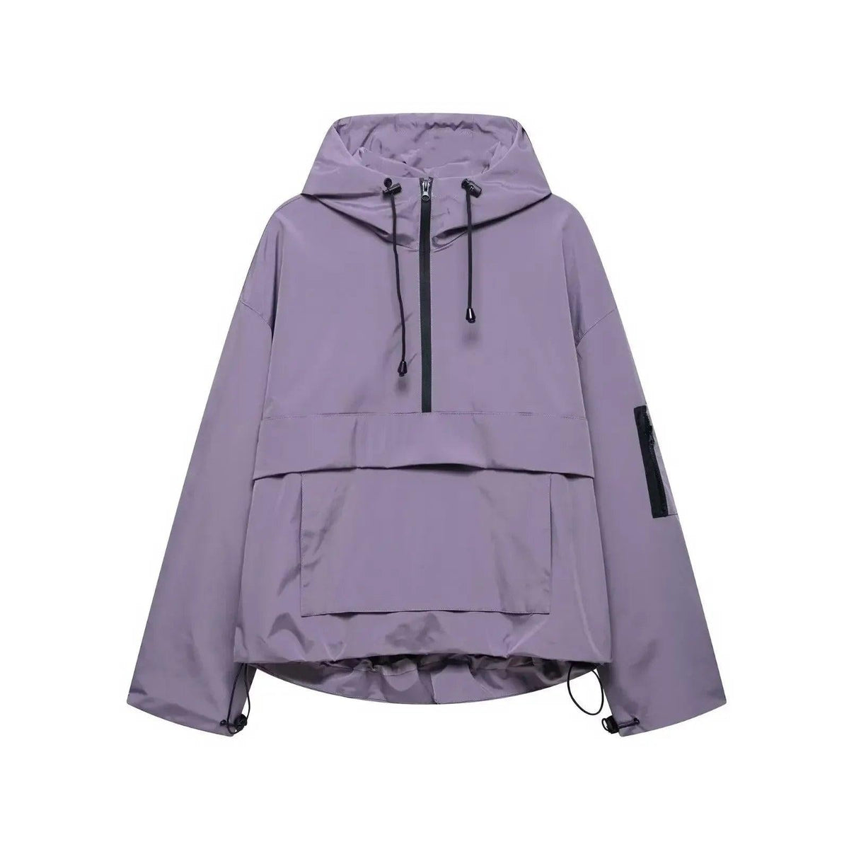 Lavender hooded half-zip jacket with hanging hood drawcords, layered overlapping front design, and adjustable drawcords at the hem.