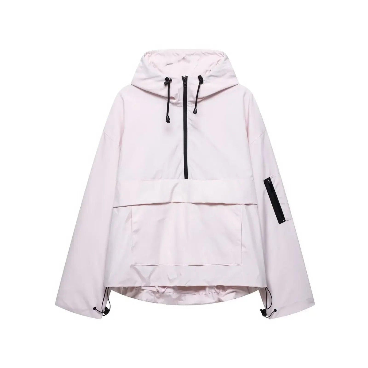 Pale pink hooded anorak jacket highlighting the central half-zip opening, roomy sleeves, front panel, and black sleeve pocket detail.