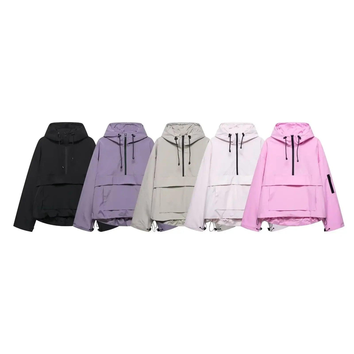 Five hooded half-zip anorak jackets displayed together in black, lavender, light gray, pale pink, and bright pink.