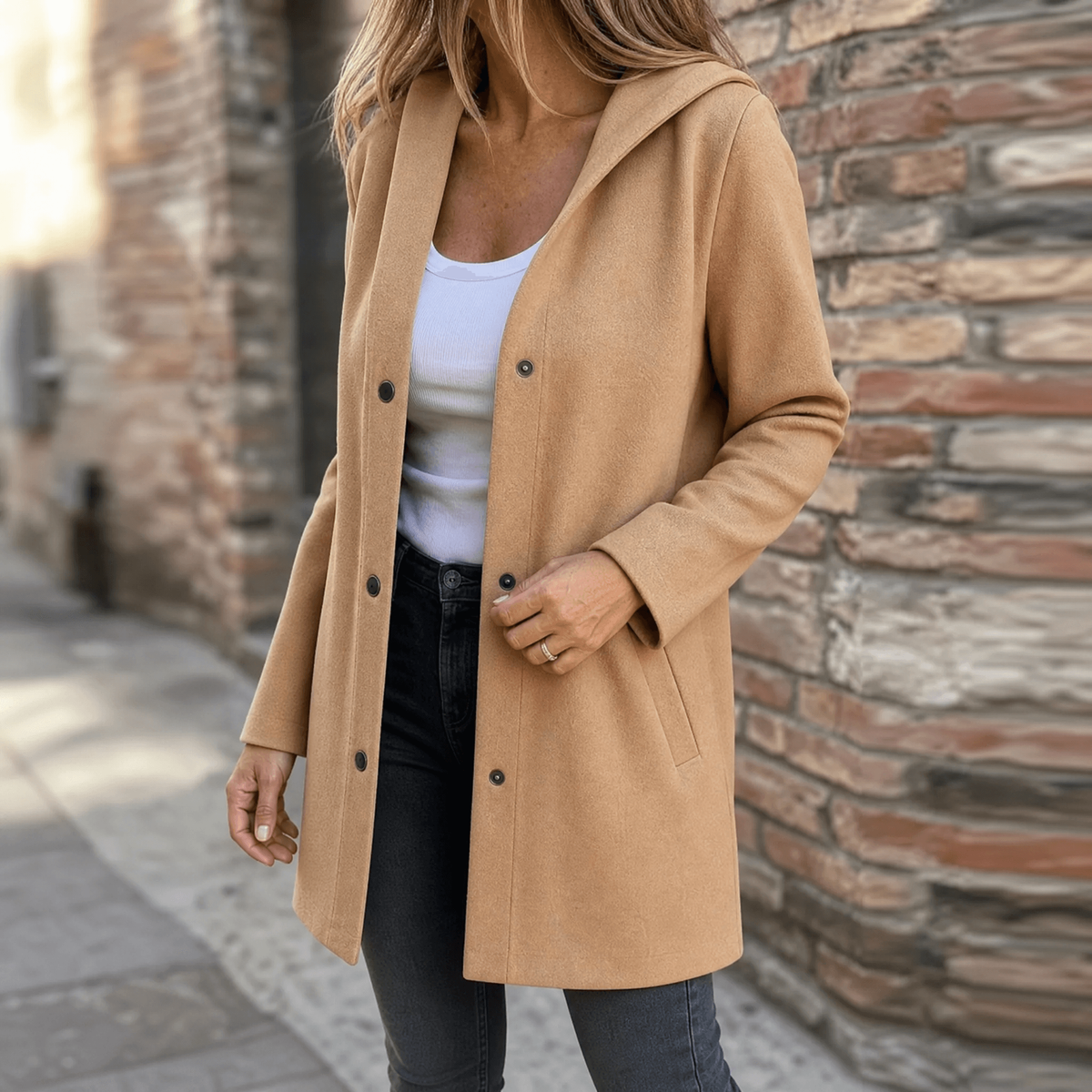 Tan version of the hooded longline cardigan shown with front buttons and a visible patch pocket.