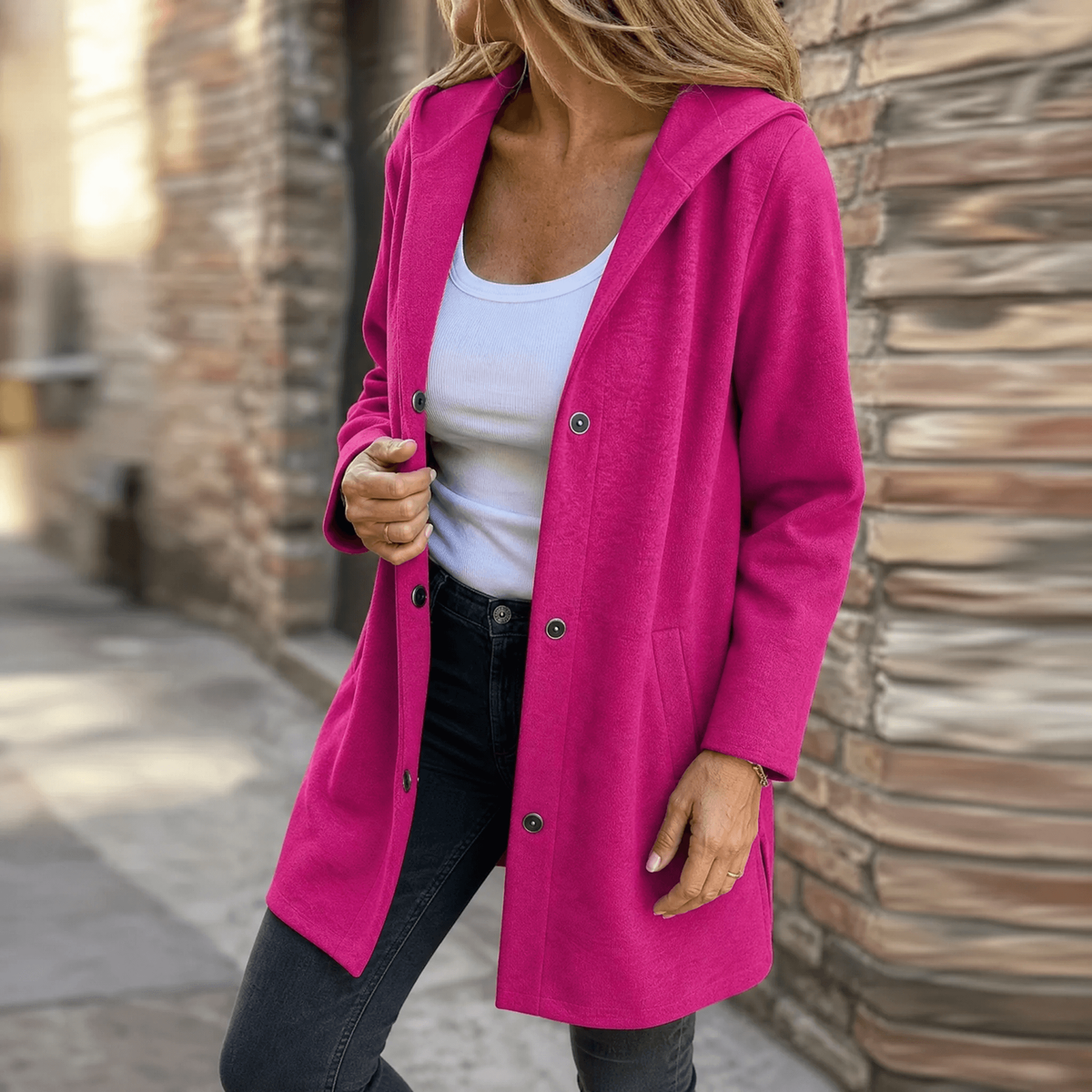 Bright pink version of the hooded longline cardigan worn open, with front buttons and patch pockets.