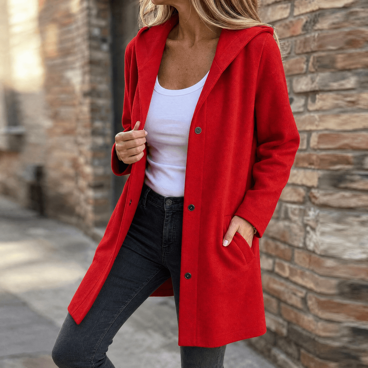 Red version of the hooded cardigan styled open, showing the long sleeves and right front pocket.