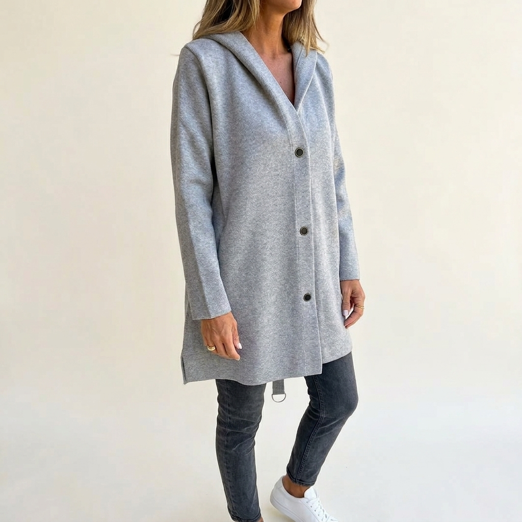 Full-length view of the gray hooded cardigan fastened with front buttons, showing its longline silhouette and side split hem.