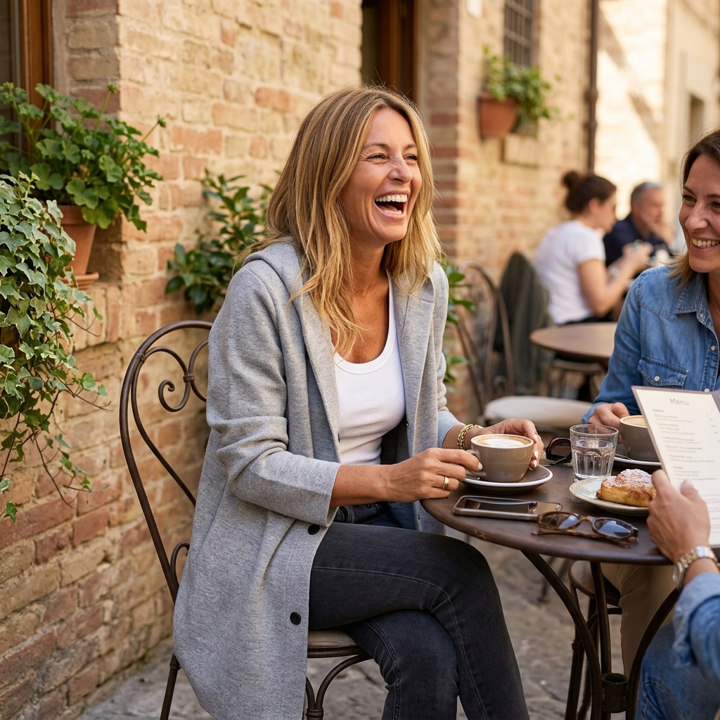 Gray longline hooded cardigan worn open while seated at a café, layered over a white top.