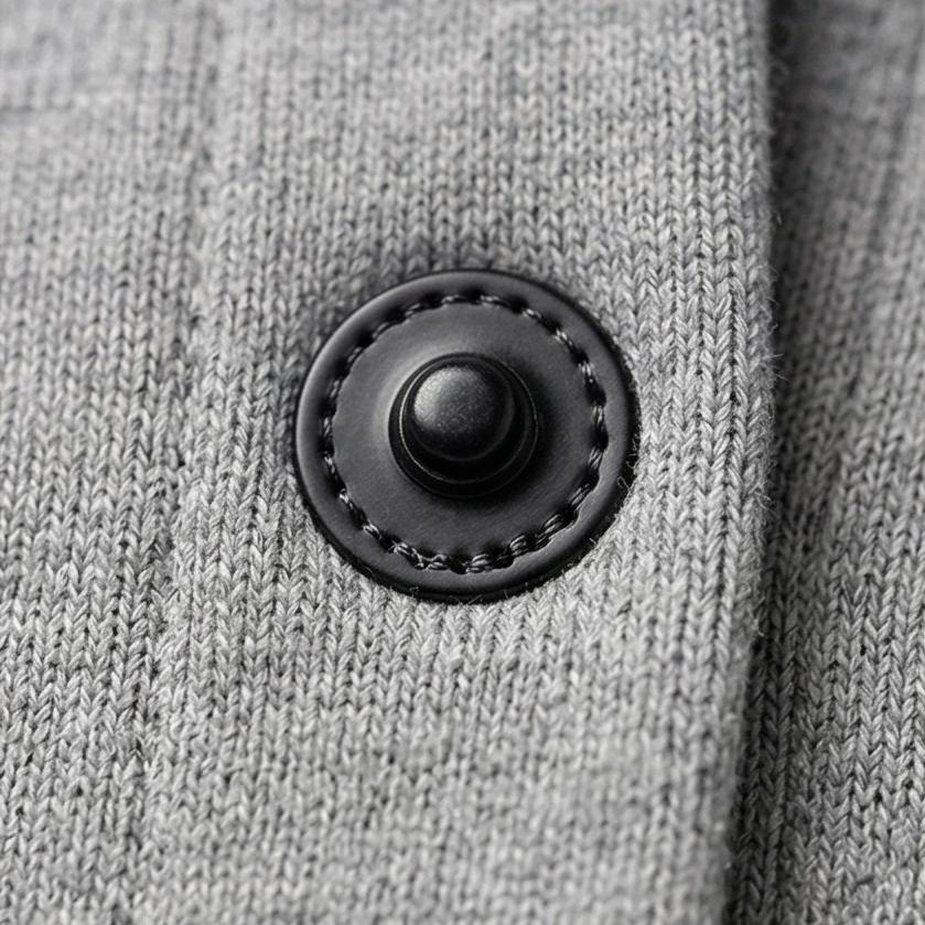 Close-up of a black front button with stitched edging on the gray cardigan.