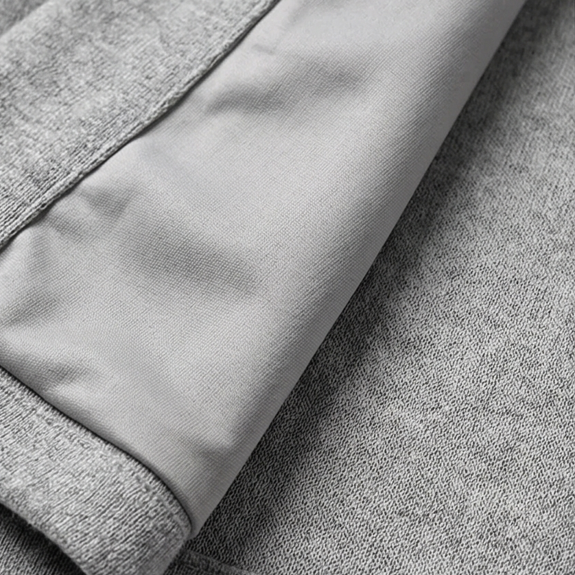 Close-up of the cardigan’s gray outer layer folded over a smooth light-colored inner panel.