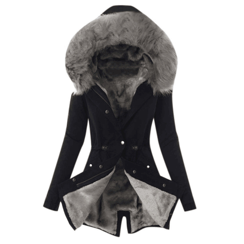 Black longline coat with a large gray faux fur-trimmed hood, button front, fitted waist, and open lower front revealing a plush lining.