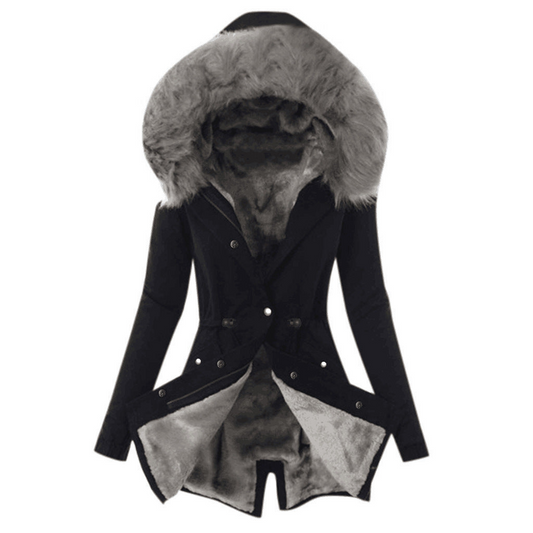 Black longline coat with a large gray faux fur-trimmed hood, button front, fitted waist, and open lower front revealing a plush lining.