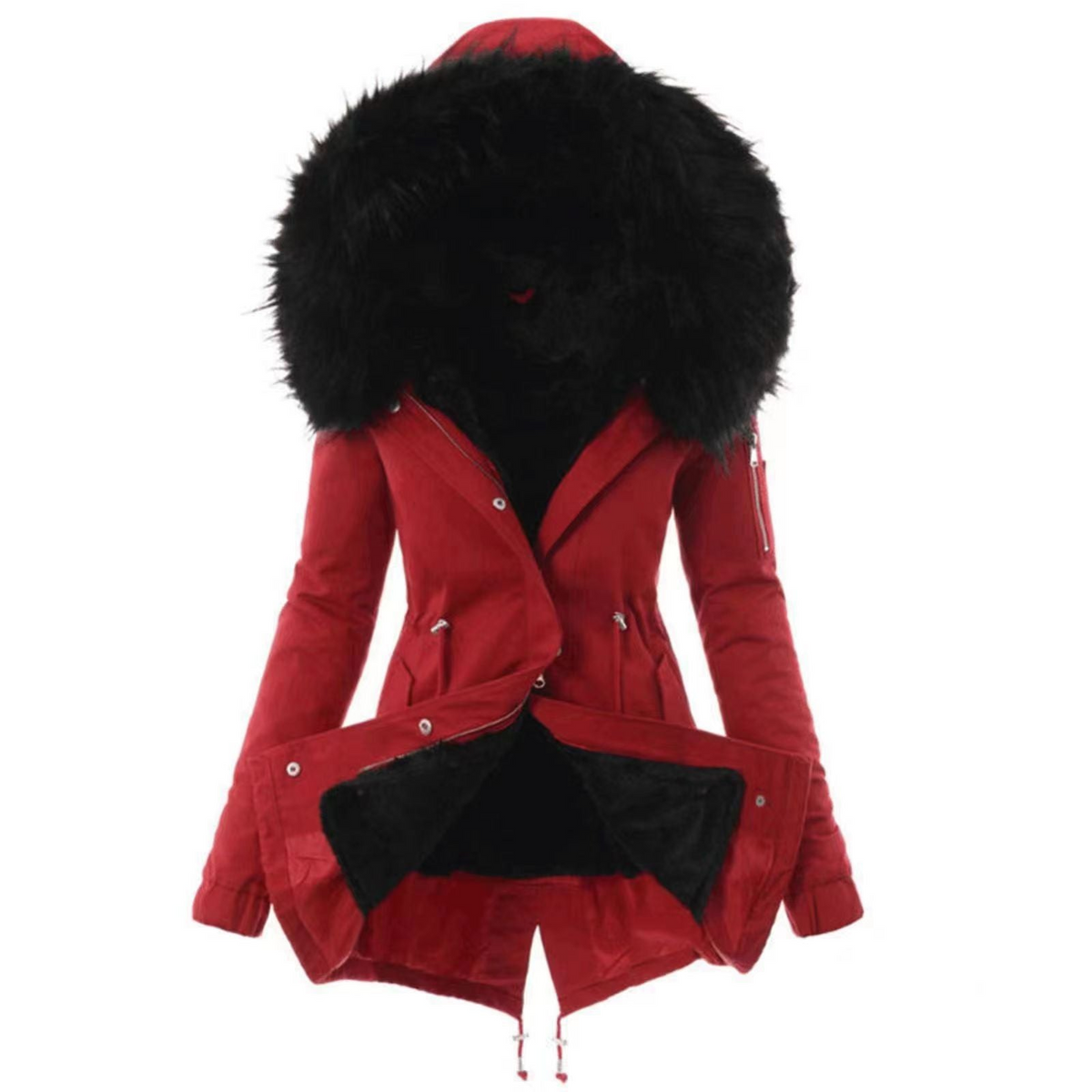 Red longline coat with an oversized black faux fur-trimmed hood, fitted waist, button closure, long sleeves, and an open lower front.
