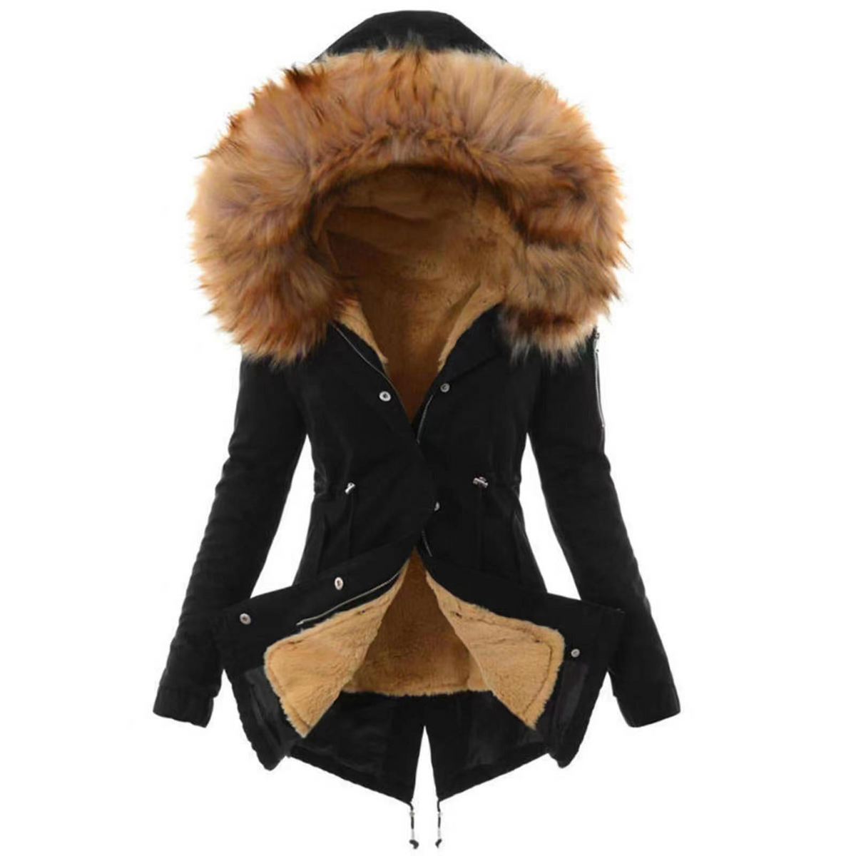 Black fitted longline coat with a tan faux fur-trimmed hood, front buttons, shaped waist, and tan plush lining visible through the open lower front.