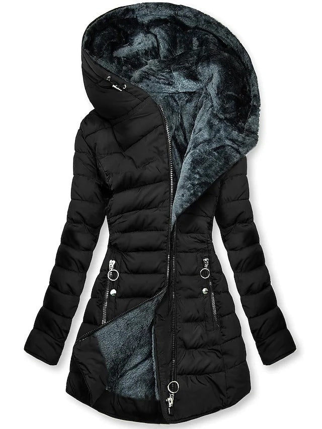 Black quilted longline puffer coat with a large hood lined in plush faux fur, front zip closure, long sleeves, and multiple zip pockets.