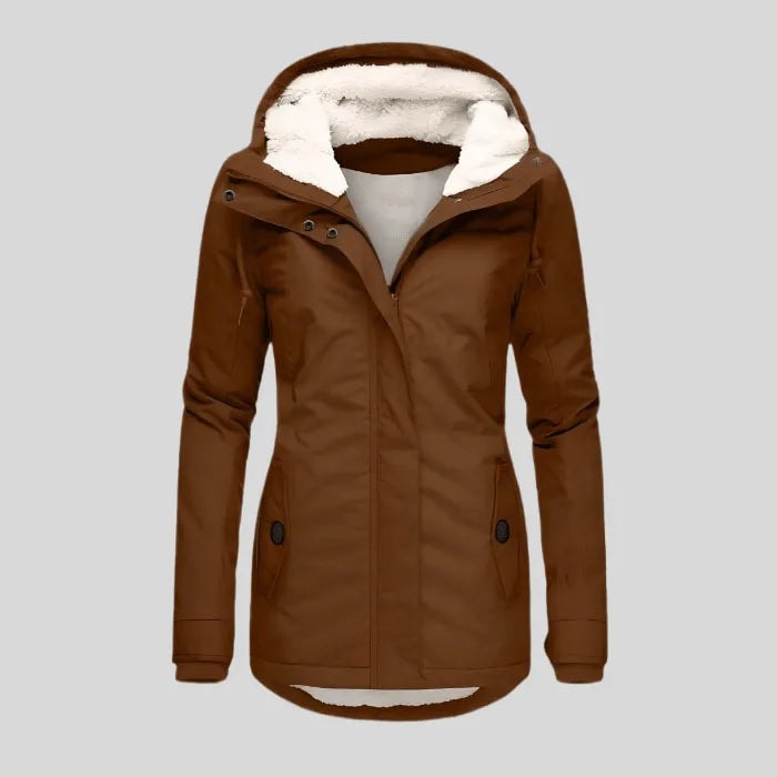 Brown winter jacket displayed front-facing with the hood open, light-colored lining, drawcords, protective placket, and two buttoned pockets.