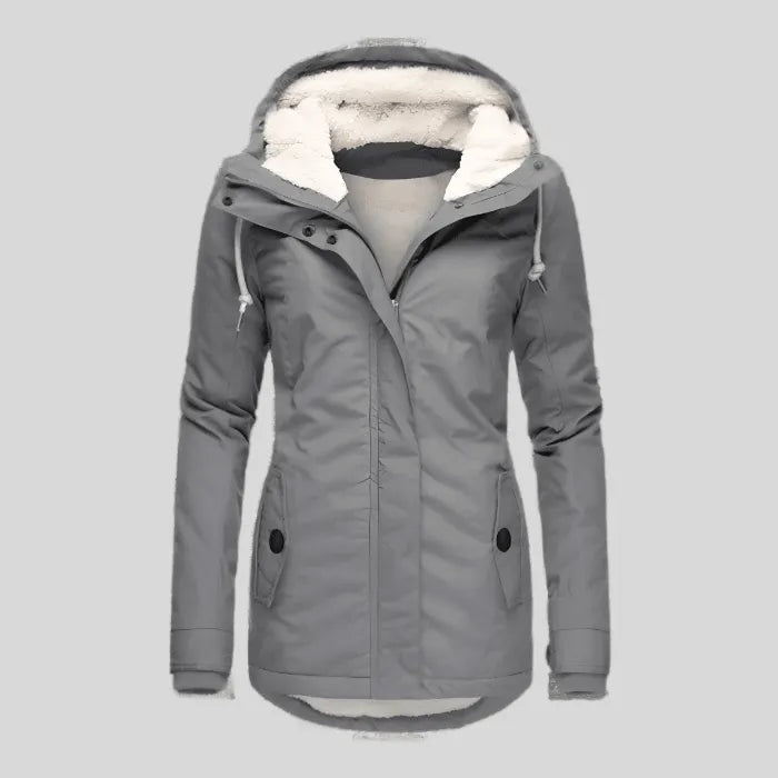Gray winter jacket displayed front-facing with the hood open, light-colored hood lining, drawcords, covered front zipper, and two buttoned pockets.