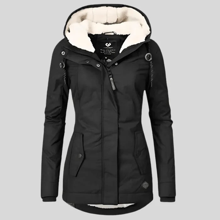 Black winter jacket displayed front-facing with a plush-lined hood, drawcords, protective front placket, and flap-covered lower pockets.