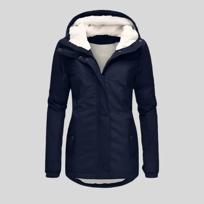 Navy winter jacket displayed front-facing with the hood open, light-colored lining, covered zipper, and two lower pockets.