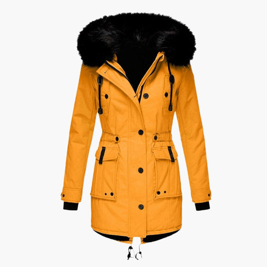 Front view of a mustard yellow mid-length hooded parka with black faux fur trim, drawstring waist, front closure, and multiple pockets.