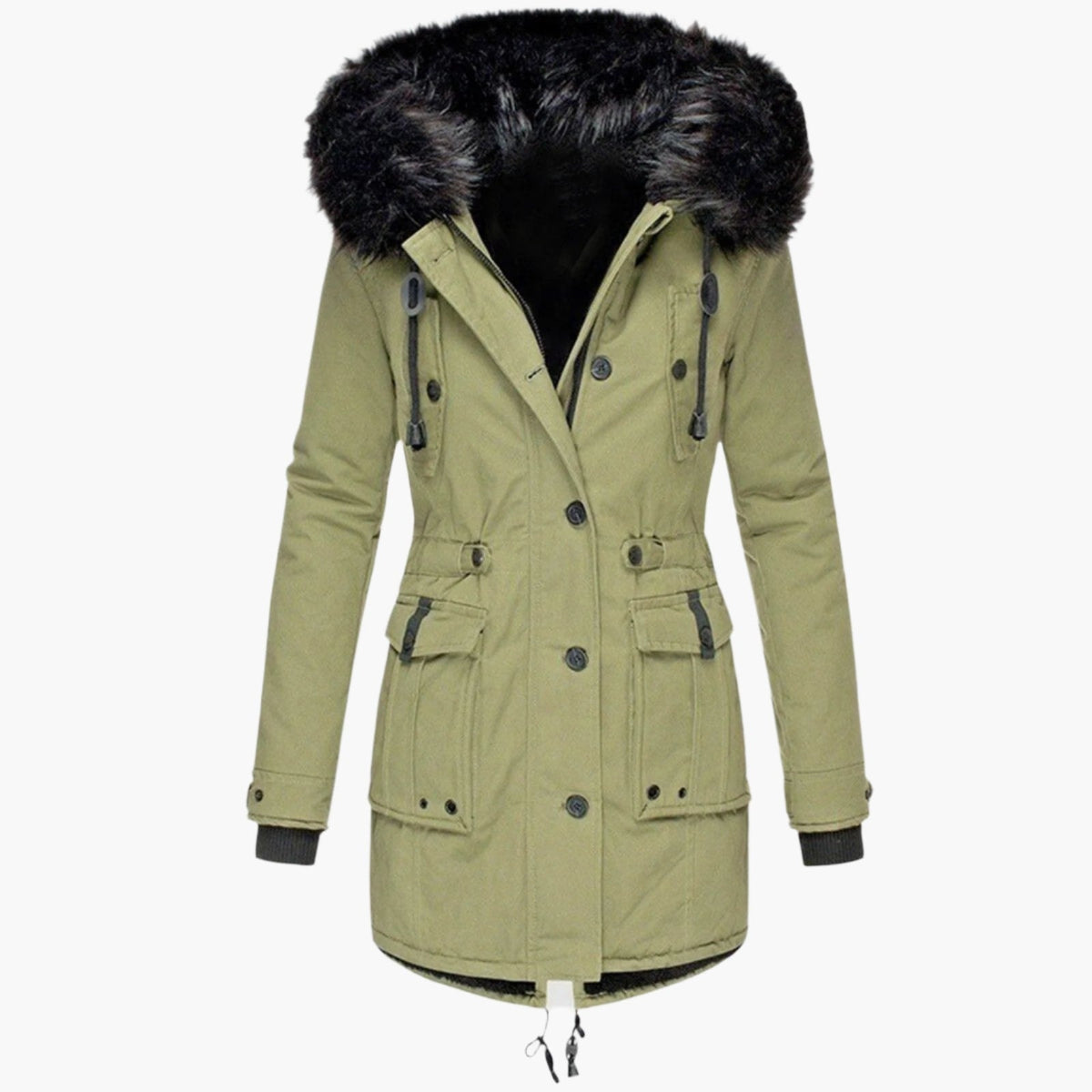 Front view of the parka in light olive green with a black faux fur hood trim, adjustable waist, and flap pockets.
