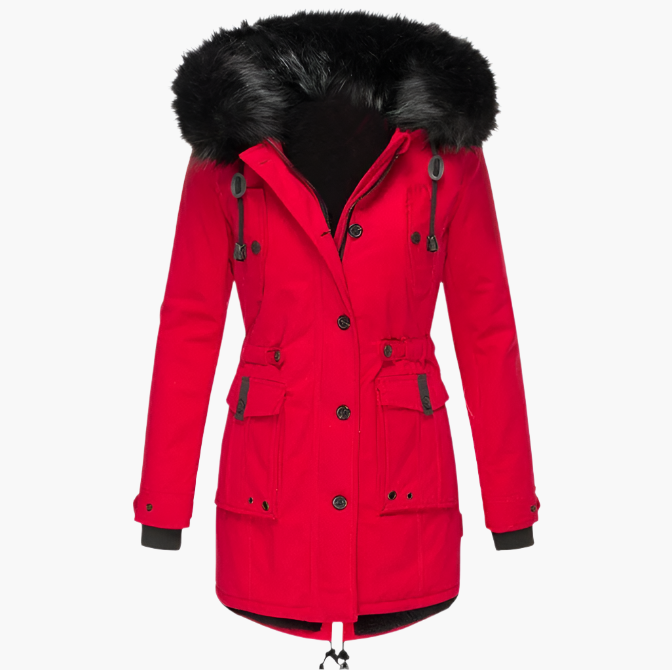 Front view of the parka in bright red with a black faux fur hood trim, covered front closure, defined waist, and lower pockets.
