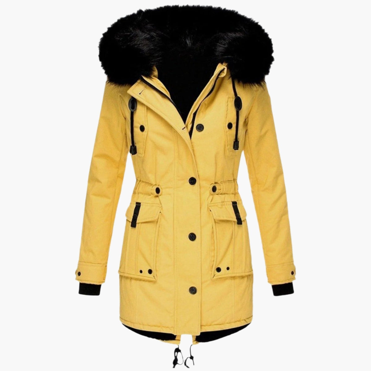 Front view of the parka in golden yellow, highlighting the large hood trim, cinched waist, button closure, and four front pockets.