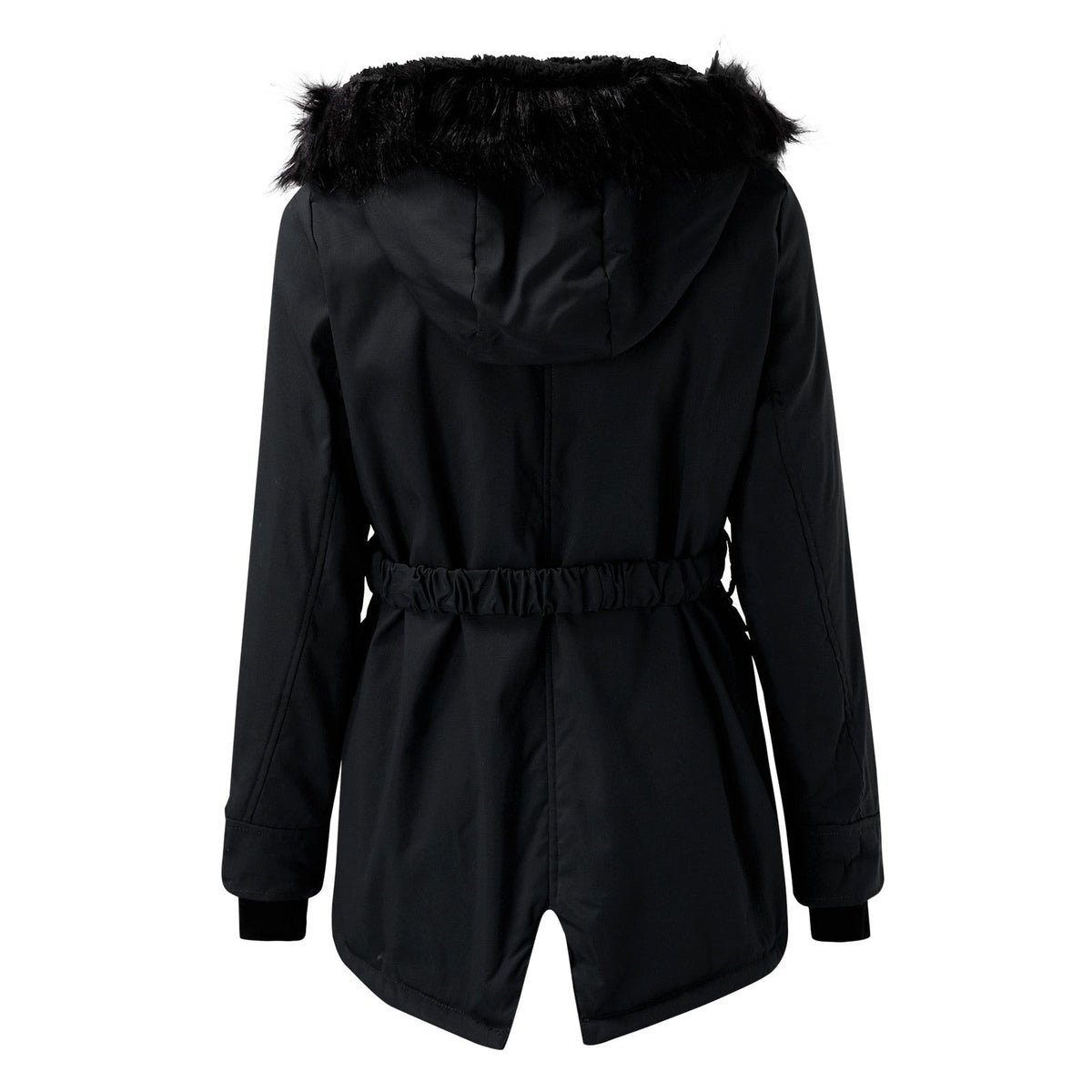 Back view of the black parka showing the fur-trimmed hood, gathered drawstring waist, long sleeves, and curved mid-length hem.