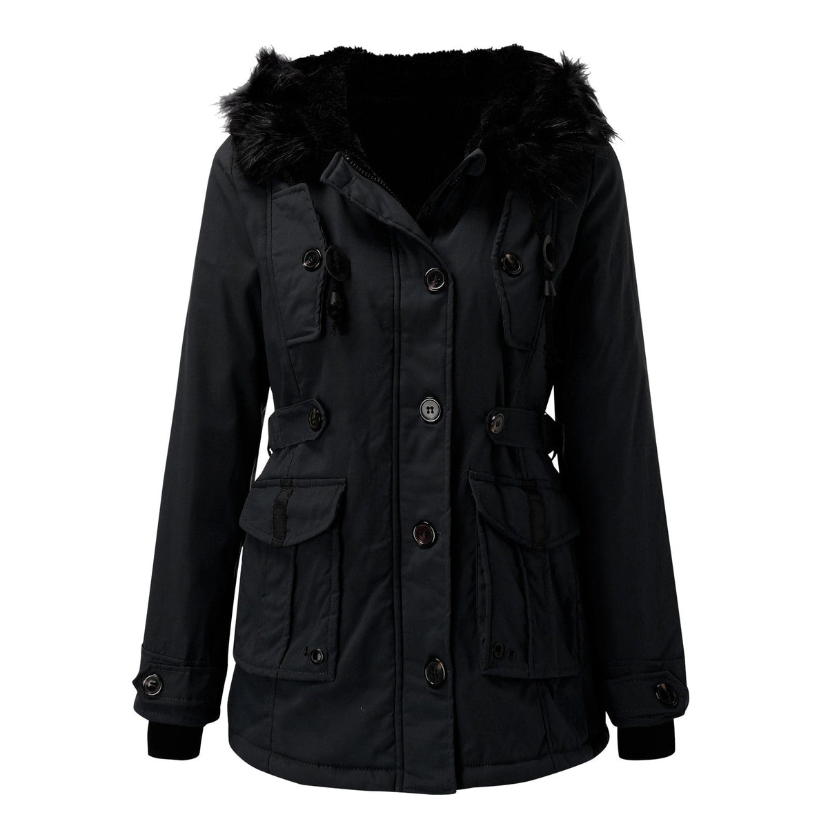 Front view of the black parka with the hood open, revealing its layered front closure, adjustable waist tabs, cuff details, and multiple flap pockets.