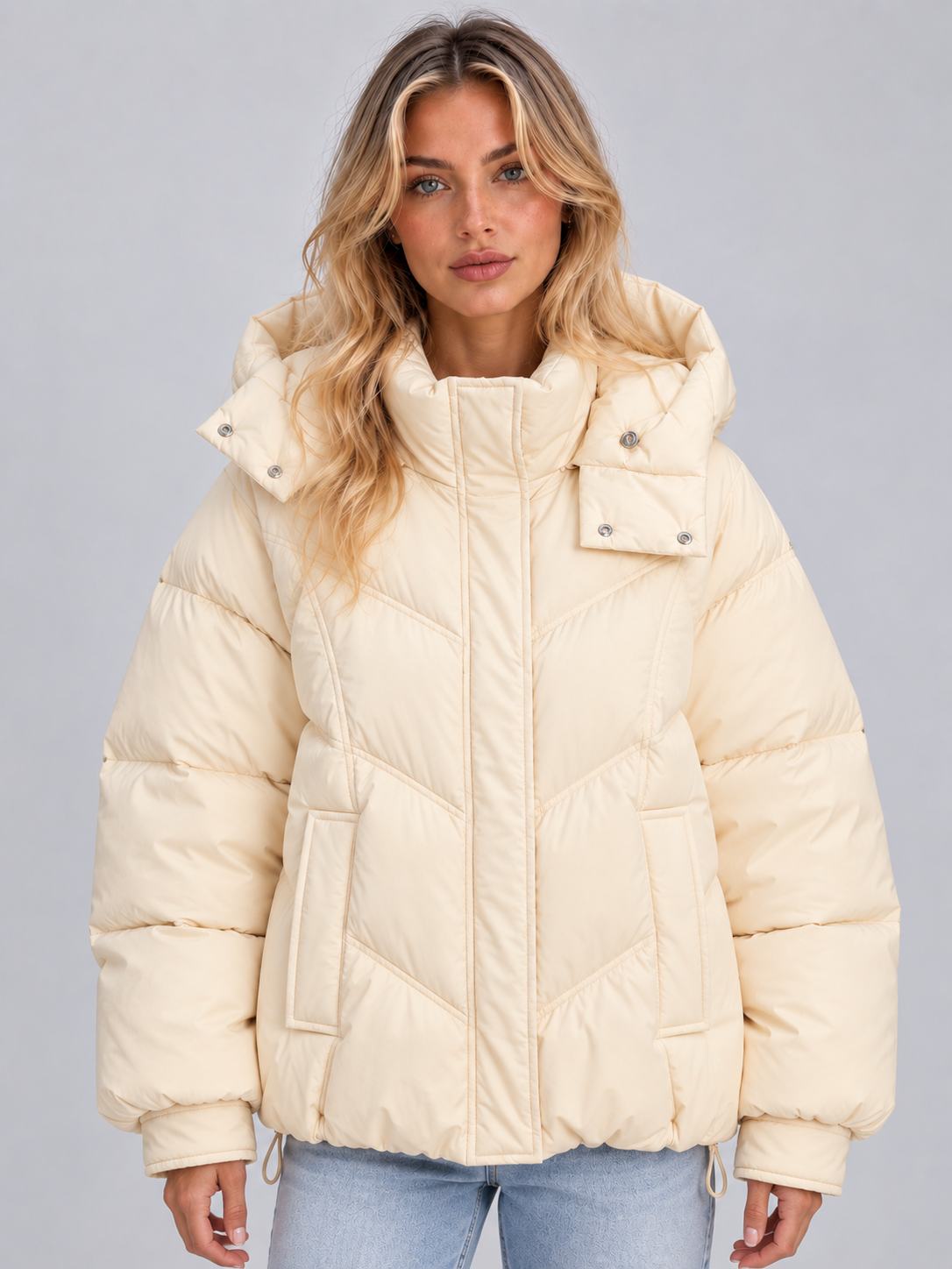 Front view of a cream hooded quilted puffer jacket with a high collar, geometric panels, concealed front fastening, roomy sleeves, and two front pockets.