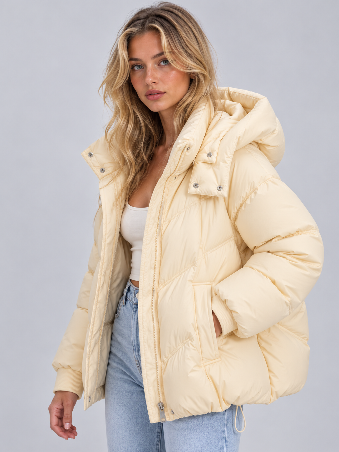 Three-quarter view of the cream hooded puffer jacket worn open, revealing the front fastening and a hand placed inside one of the spacious pockets.