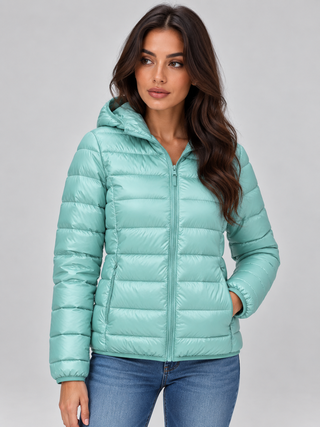 Front view of the mint green hooded quilted puffer jacket, showing its long sleeves, full front zip, and hand in a side pocket.