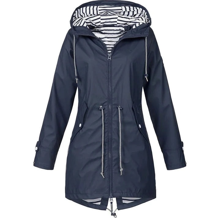 Front view of the navy hooded raincoat displayed flat, with a full-length zip, drawstring waist, zippered pockets, and striped lining.