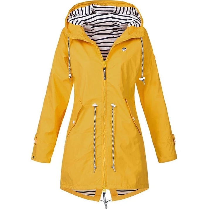 Yellow version of the hooded raincoat displayed flat, highlighting the striped hood lining, front zip, waist drawstrings, and zippered pockets.