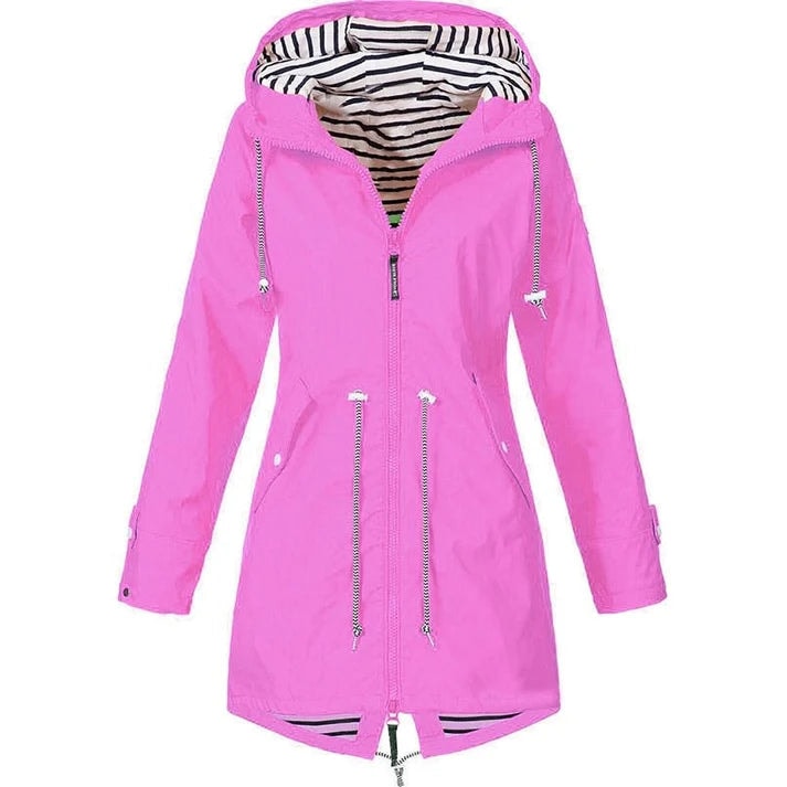 Pink version of the hooded raincoat displayed flat with a striped hood lining, adjustable drawstrings, long sleeves, and front zip.