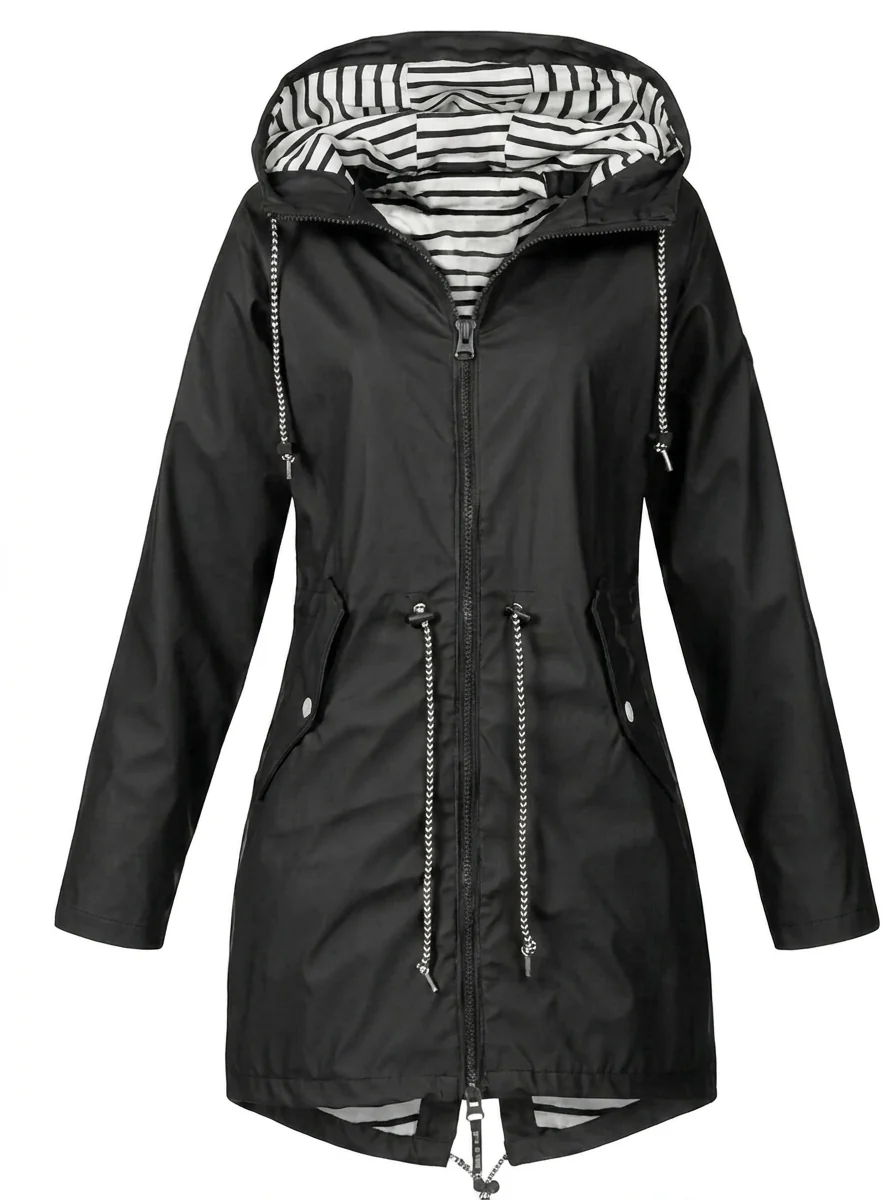 Black version of the hooded raincoat displayed flat, showing the lined hood, long sleeves, front zip, adjustable waist, and extended hem.