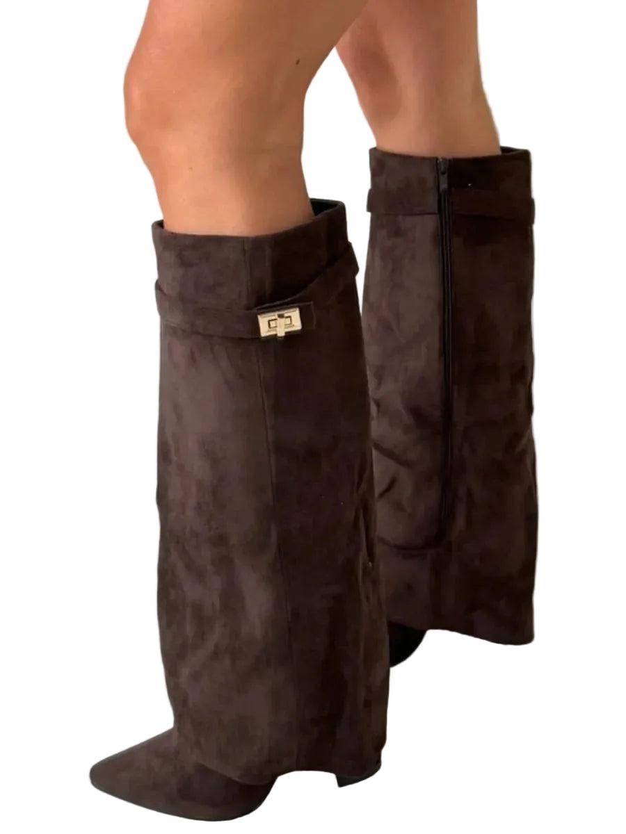 Dark brown knee-high boots shown from the rear and side, with visible back zippers, folded shaft trim, and pointed toes.