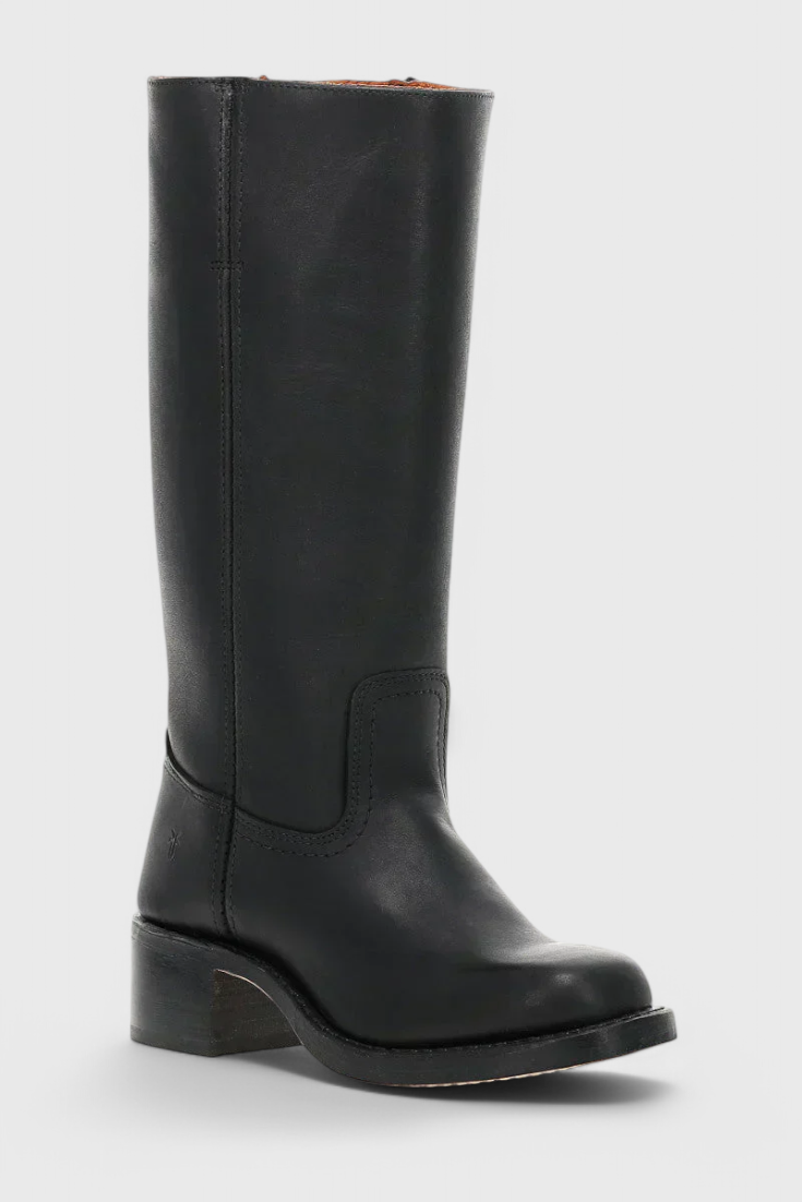 Black knee-high boot in a three-quarter front view with a rounded toe, smooth tall shaft, and low block heel.