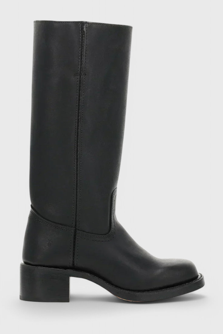 Black knee-high boot in side profile, clearly showing the tall pull-on shaft and substantial low block heel.