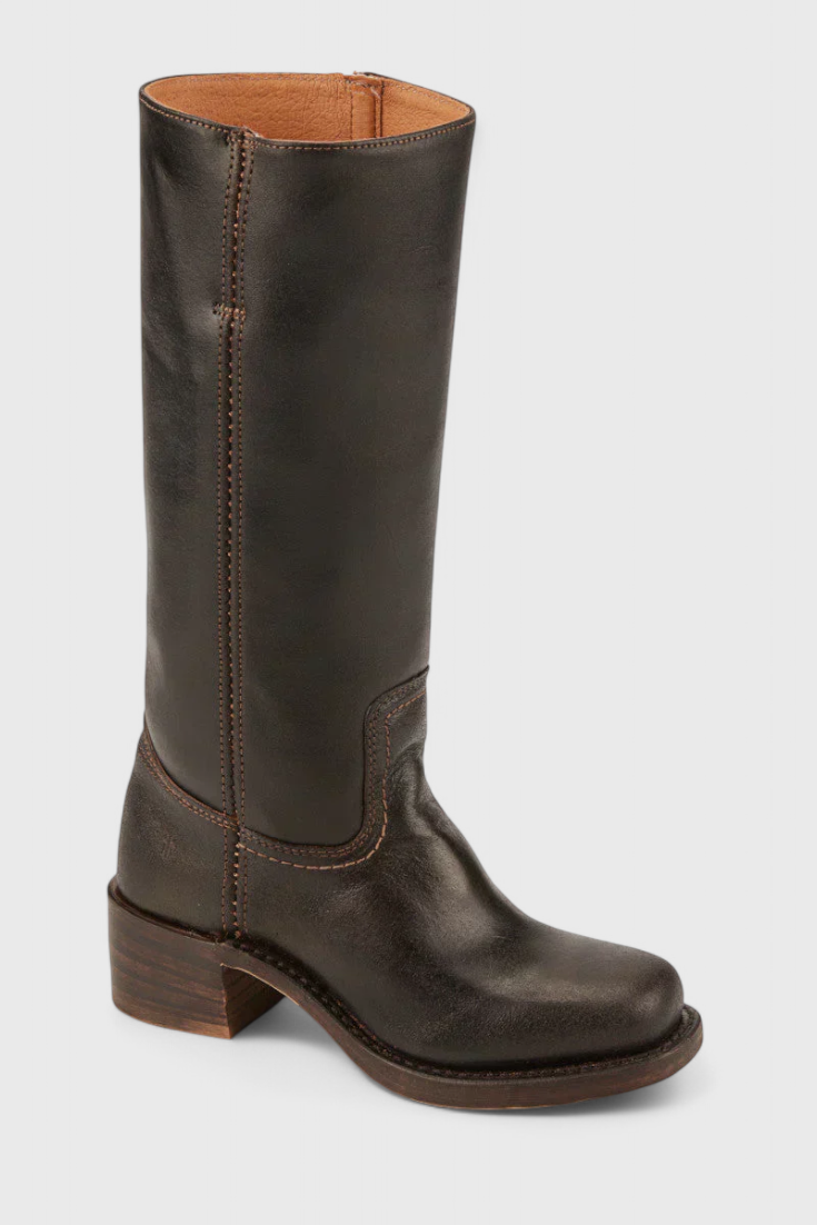 Dark brown knee-high boot in a three-quarter view, highlighting its open shaft, stitched ankle detail, and rounded toe.