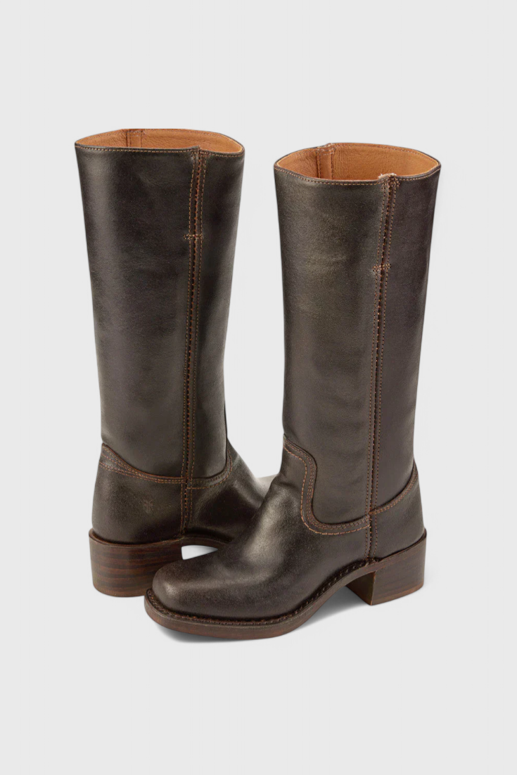 Pair of dark brown knee-high boots viewed from the rear, with open shaft tops and visible stitching around the ankle.