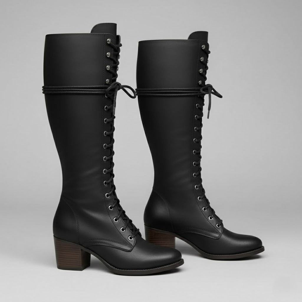 Black knee-high lace-up boots shown in side profile, highlighting the adjustable laces and sturdy block heels.