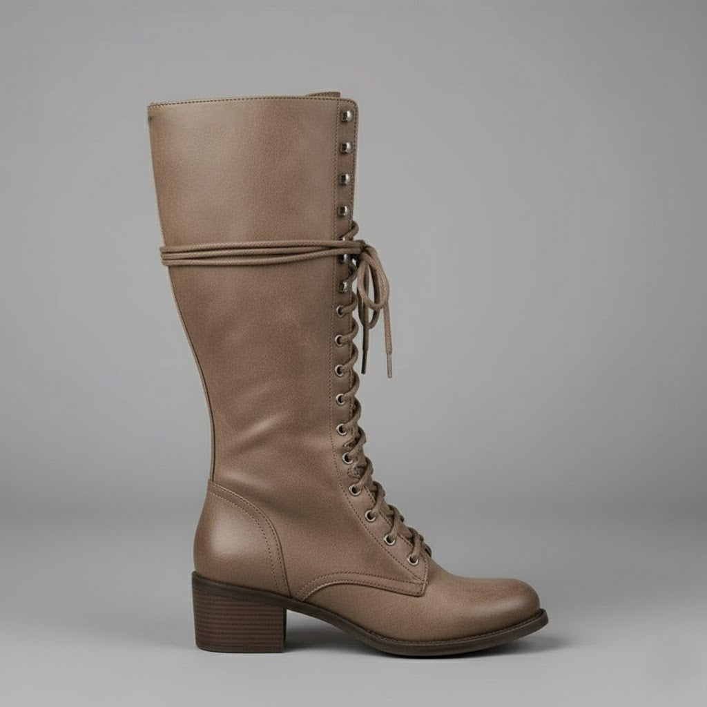 Taupe knee-high boot shown from the side with a lace-up front, generous shaft coverage, and a block heel.