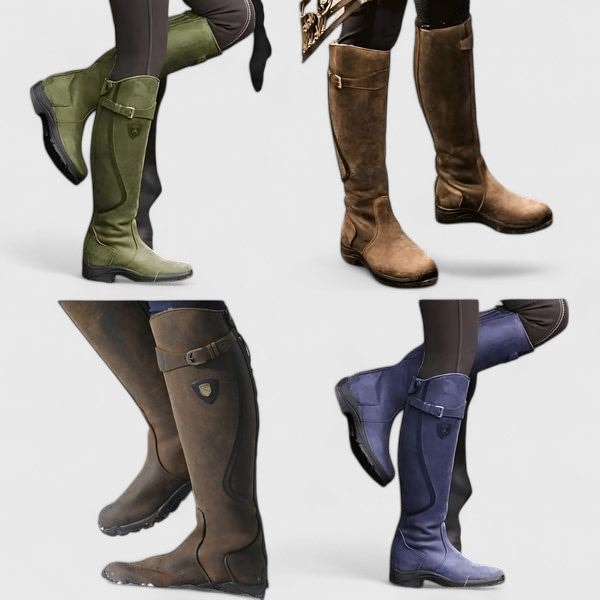 Four color options of knee-high riding boots arranged together in green, brown, dark brown, and navy, each featuring a shaft buckle and low heel.