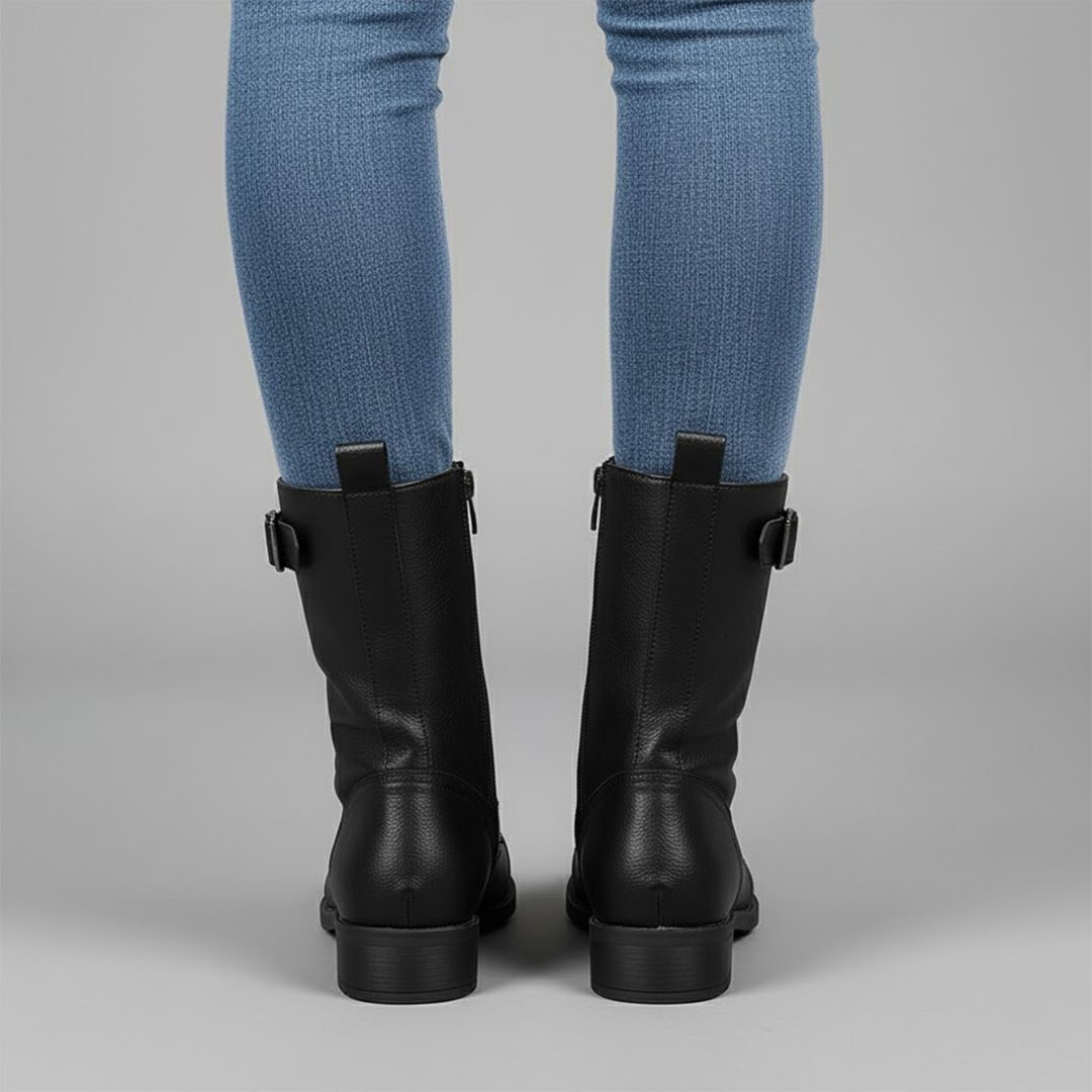 Back view of black ankle boots worn with blue jeans, showing rear pull tabs, ankle straps, stitched panels, and block heels.