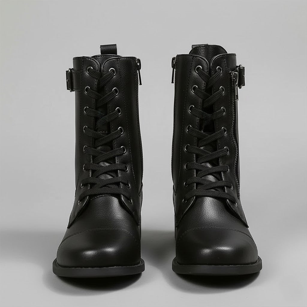 Close front view of black lace-up ankle boots emphasizing the eyelets, crisscross laces, rounded toes, and low heels.