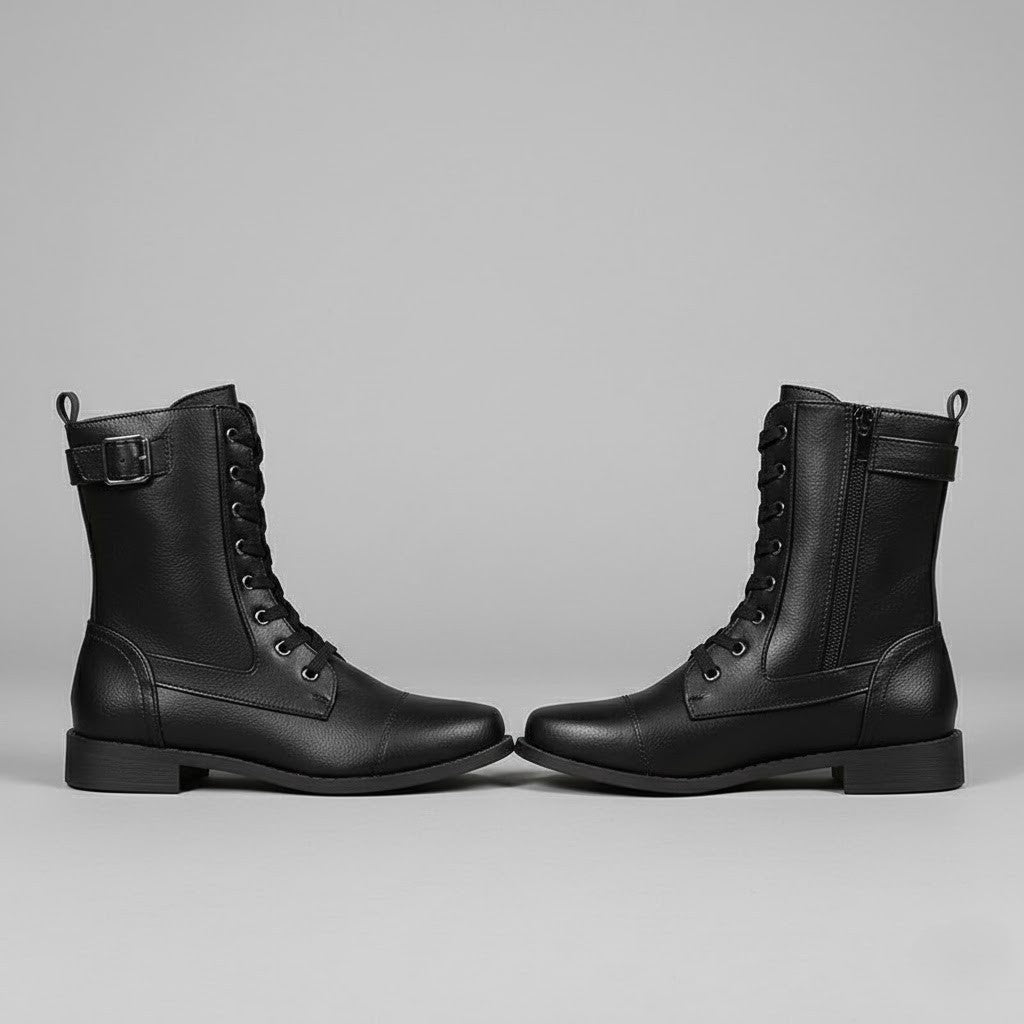 Side-by-side profile of black ankle boots facing inward, showing their lace-up fronts, side zips, ankle straps, and low block heels.