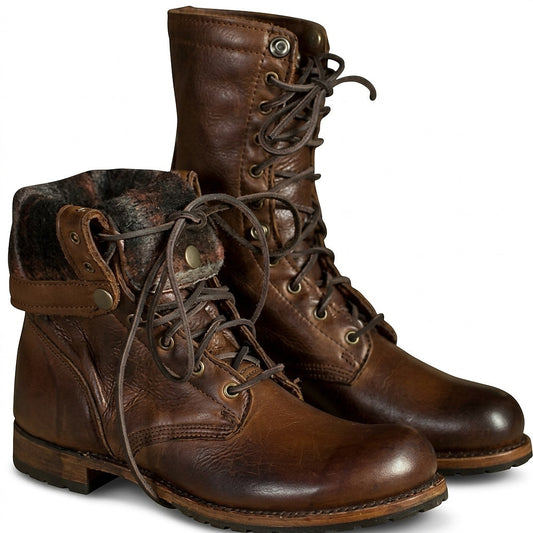 Pair of brown mid-calf lace-up boots shown from the front and side, featuring fold-over cuffs, metal eyelets, rounded toes, and low stacked heels.