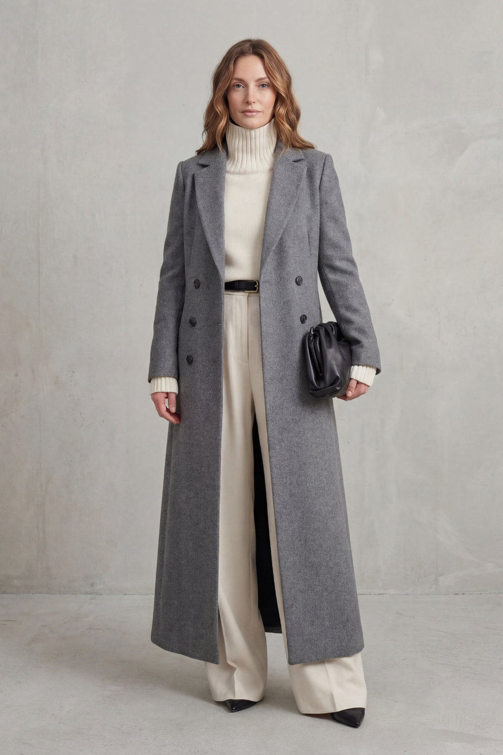 Centered view of the gray full-length tailored coat, showing its structured shoulders and double-breasted front.