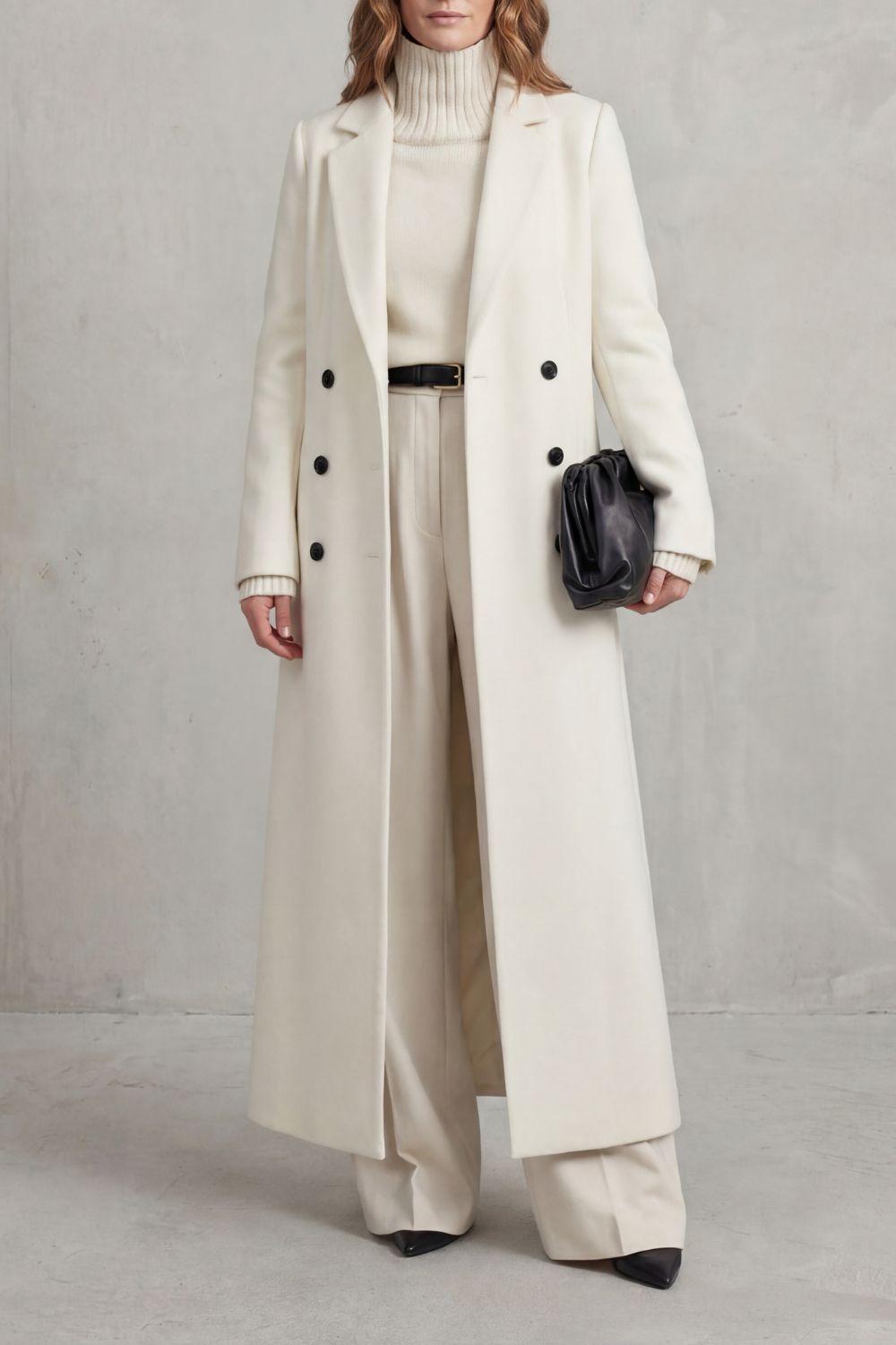 Front view of an ivory full-length double-breasted tailored coat with notched lapels and long sleeves.
