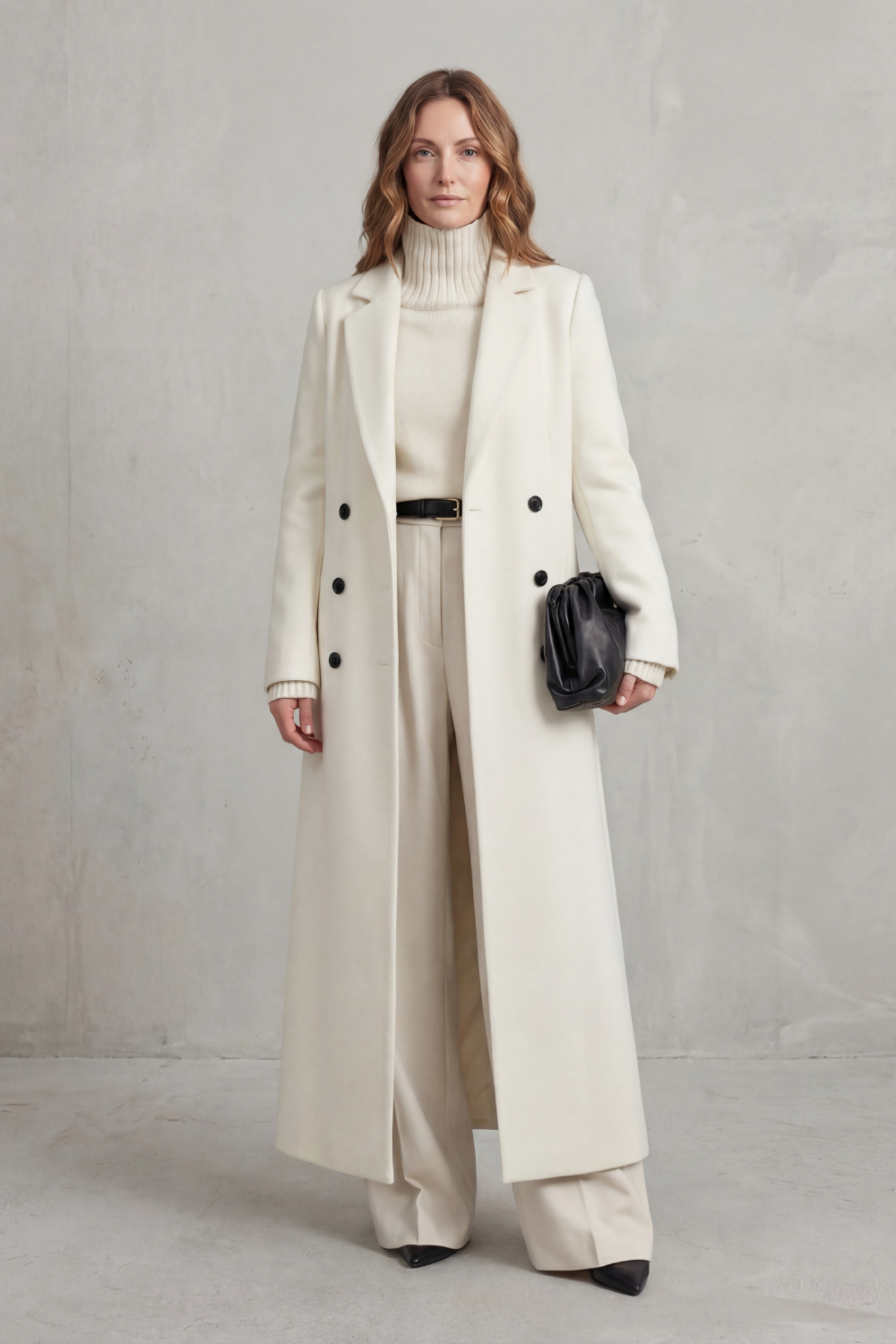 Centered front view of the ivory long coat, highlighting its structured double-breasted button front and straight silhouette.
